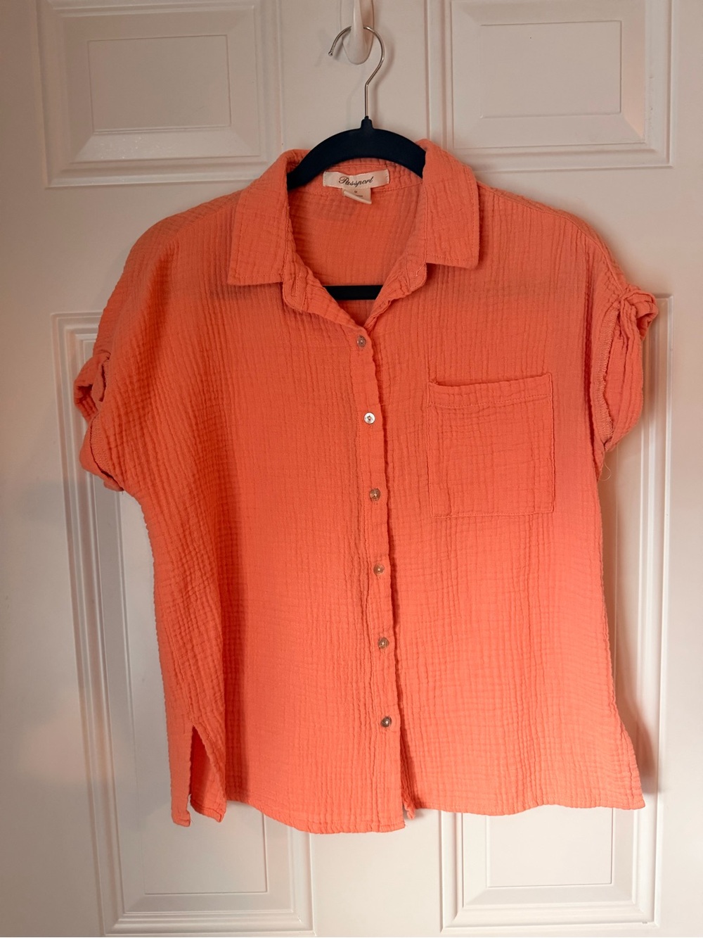 Passport Coral-Orange Button Front Gauze Shirt